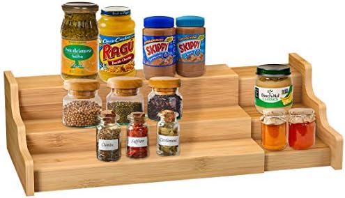 Spice Rack Kitchen Cabinet Organizer- 3 Tier Bamboo Expandable Display Shelf Yellow