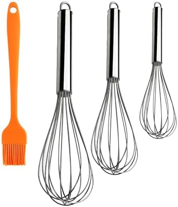 Kitchen Utensil Set with 3 Metal Whisks in 9, 7, 11 inches and Orange Silicone Basting Brush 8 x 1.25 inches