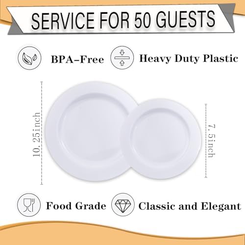 FLOWERCAT 100PCS White Plastic Plates-Heavy Duty White Disposable Plates for Christmas/Easter/Party/Wedding -Serve 50 guests 10.25inch & 7.5inch