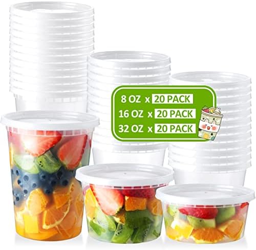 NEEBAKE 60 Set Deli-Containers-with-Lids: [8oz 16oz 32oz] Combo Plastic-Food-Storage-Containers-with-Lids, To-Go-Containers, Meal-Prep-Containers