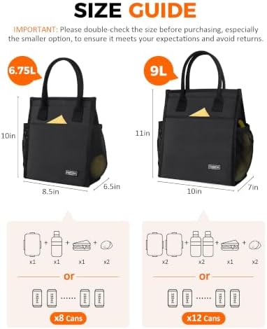 Black Insulated Lunch Bag Women Men, Reusable Cooler Tote Thermal Snack Bag
