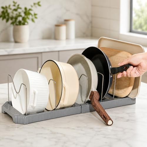 Pots and Pans Organizer Under Cabinet, Adjustable Pot Organizer Rack