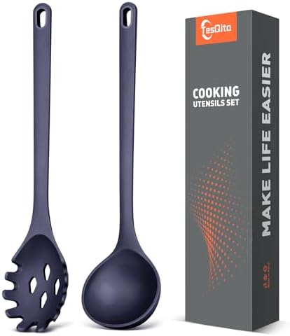 Silicone Spaghetti Spoon & Soup Ladle Cooking Utensils Set of 2 (BLUE)