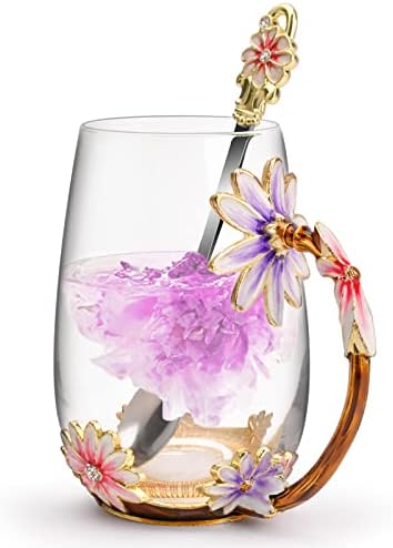 OEAGO Purple Gifts for Women Mom Mothers Day Glass Coffee Enamels Mug Best Birthday Flower Gifts for Her from Daughter Son Lead-Free Christmas Tea Cup with Spoon Set