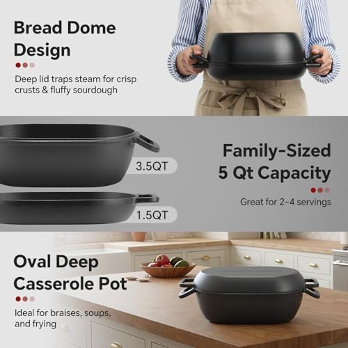 Northriver Casting 12"x8" Oval Cast Iron Dutch Oven for Bread Baking，Pre-Seasoned Combo Cooker with Lid, Perfect for Sourdough, Artisan Loaves & Family Meals,5 Qt
