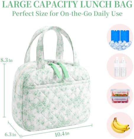 WOBAGMEN Quilted Lunch Box for Women,Coquette Aesthetic Lunch Box,Cute Elegant Green Floral Lunch Bags for Work,Office,Picnic,Travel(Elegant Green Floral)