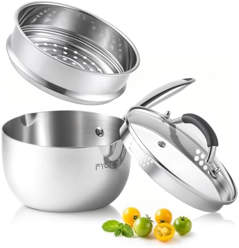 Tri-Ply Stainless Steel Sauce Pan, 2.5 Qt Saucepan with Steamer