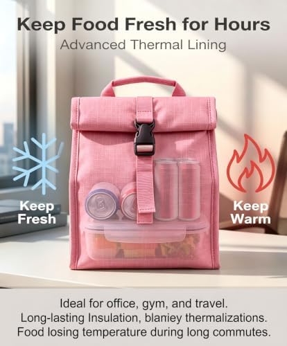 ZM-YOUTOO Insulated Foldable Lunch Bag- Lightweight Portable with Adjustable Shoulder Strap Lunch Box for Men, Women, Office, Work, Picnic, Hiking and Beach (Pink(Hard Fabric))