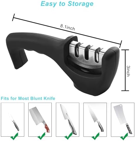 Elite Kitchen Knife Sharpener with 3 Stages, Professional Manual Blade Sharpening System, Ceramic Stone, Tungsten Carbide Plates, Diamond rods, Ergonomic Handle, Non-Slip Base,Stylish Black
