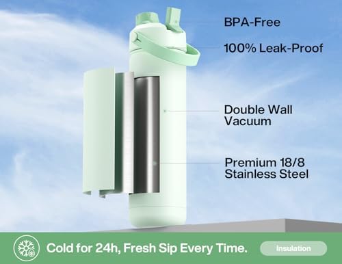 POWCAN 26 oz Insulated Water Bottle: 2-in-1 Straw and Spout Lid, Leak-proof