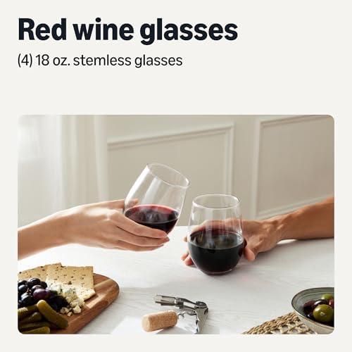 Amazon Basics Stemless Red Wine Glasses Set Of 4, 18 Oz Clear Glass, Classic Design for Everyday Dining, Weddings & Parties, Dishwasher-Safe