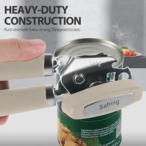 Safring Can Opener Manual, Heavy Duty Handheld Strong Can Opener with Soft Touch Handle, Sharp Blade Smooth Edge, Can Openers with Multifunctional Bottle Opener, Beige
