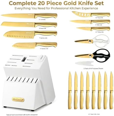 McCook® Kitchen Knife Sets, Golden Titanium Stainless Steel Knives Block Set with Built-in Sharpener, 20 Piece Knives, Restaurant Grade Sharp, Elegant Gold & Stylish Wooden Block for Modern Culinary