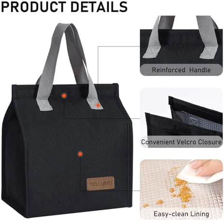 TELLUMO Insulated Lunch Bag for Men Women, Large Reusable Leakproof Lunch Box Container, Small Portable Thermal Snack Bag, Reusable Travel Office Work Beach Black Cooler Tote Bag for Adults, Black