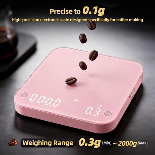 ShanSon Mini Coffee Scale with Timer,0.1g High Precision Espresso Scale,2kg/0.1g Digital Kitchen Scale with Flow Rate,USB-C Rechargeable,Waterproof Surface,Auto Timer for Pour Over & Espresso,Pink