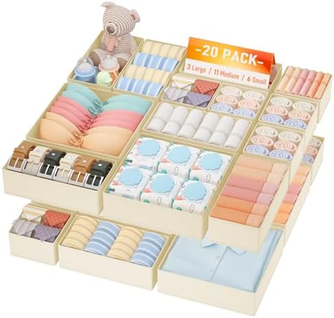 DIMJ Drawer Organizer Clothes, 20 Pack Dresser Organizer, Foldable Closet Organizers and Storage, Fabric Dresser Bins, Drawer Dividers for Nursery, Baby Clothes, Underwears, Sock (Beige)