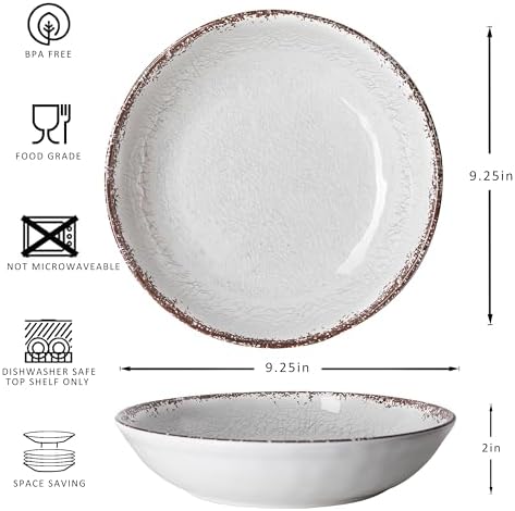 LEHAHA Farmhouse Pasta Bowls, Set of 6, White Melamine Rustic 42 oz Shallow Bowl, Large Salad Bowl, Deep Pasta plate, Dishwasher Safe Serving Bowls.…