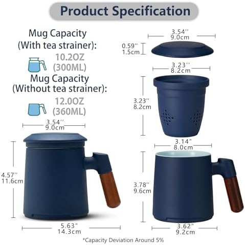ZENS Tea Mug with Infuser and Lid for Loose Leaf Tea Steeper, 12oz Blue