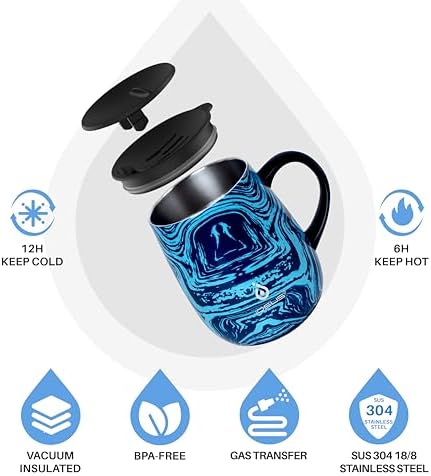 Ideus 16 oz Insulated Coffee Mug with Handle and Lid (Blue Zebra)