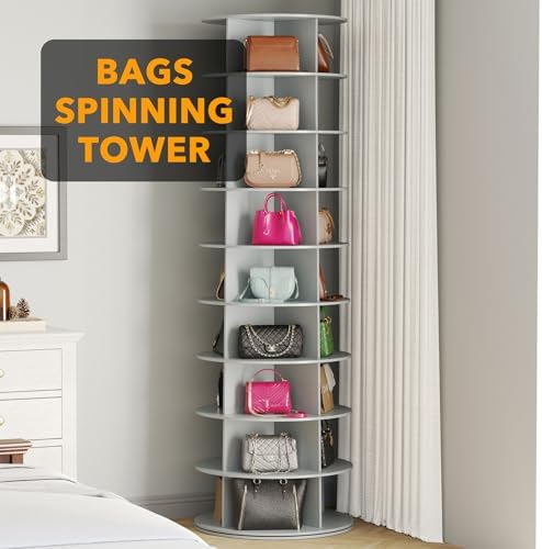 SpaceAid 9 Tier Rotating Shoe Rack Tower, Spinning Shoe Display Lazy Susan, Revolving 360 Shoe Rack Storage Round Carousel, Vertical Handbag Rotate Shoes Closet Organization (9-Tier Gray)