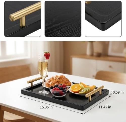 PEKER Wooden Serving Tray with Metal Handles, Black Decorative Coffee Table Tray for Breakfast in Bed, Ottoman & Home Décor, Wooden Food Tray for Kitchen
