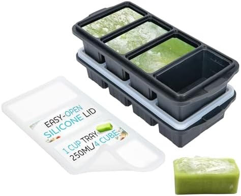 XOMOO Silicone Freezer Tray With Lid - Soup Freezer Container molds - Large Ice Cube Tray- makes 8 perfect 1 cup portions cubes, 2-Pack Freezer Storage Food Soups & Meal Prep - Oven & Dishwasher -Safe