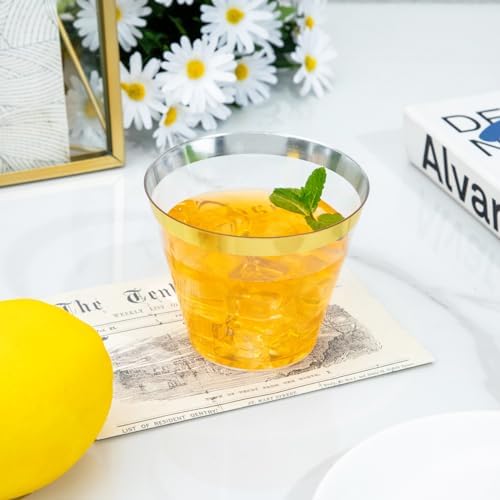 I00000 60 Pack Gold Plastic Cups, 9 OZ Elegant Gold Rimmed Plastic Cups