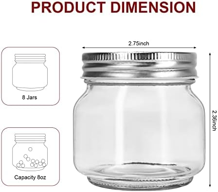 Glass Mason Jars, 8oz Regular Mouth Canning Jar with Airtight Lids, 8 Pack
