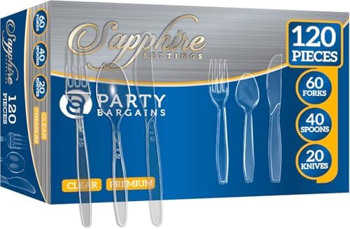 Party Bargains Disposable Cutlery Set [Sapphire] - [120 Count] Clear Heavy Duty & Solid Disposable Silverware Utensils Set, Perfect for Weddings, Buffets, Luncheons