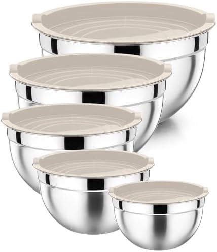 P&P CHEF Metal Mixing Bowls with Lids Set, Airtight Lids & Khaki