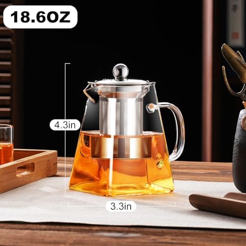 PARACITY Clear Glass Teapot with Infuser, Square 18.6oz Stovetop Tea Kettle