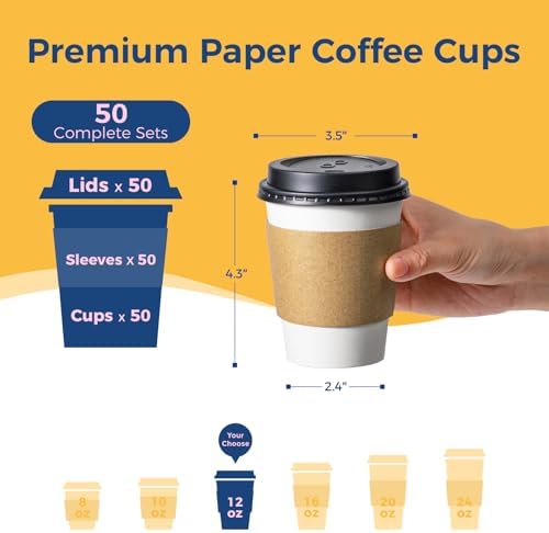 Fit Meal Prep 50 Pack 12 oz Disposable Coffee Cups with Lids, Sleeves, Leak-Proof To Go Coffee Cups with Lids, Durable Paper Cups for Hot Beverage, Home, Office, Party