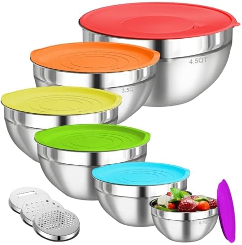 Mixing Bowls with Lids Set, 6 PCS Stainless Steel Mixing Bowls with 3 Grater Attachments, Kitchen Food Organizers Nesting Mixing Bowl, Large Size 4.5, 3.5, 2.1, 1.5, 1.1, 0.7QT-Colorful