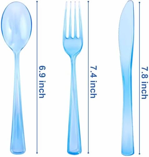 WDF 180 Pieces Blue Plastic Silverware Disposable - Clear Blue Cutlery Sets 60 Forks, 60 Knives and 60 Spoons - Heavy Duty Utensils for Party, Wedding