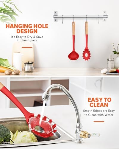 Badiano Kitchen Pasta Fork and Ladle Set, Perfect for Serving, Red