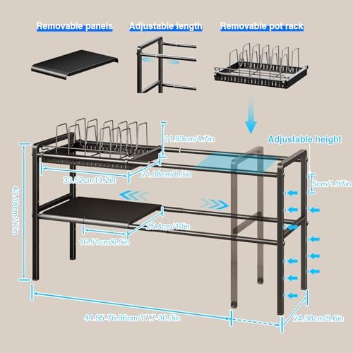 Mustorn Pots and Pans Organizer Under Cabinet, Expandable 2 Tier Under Sink Organizers and Storage Adjustable Height Kitchen Pot and Pan Lid Holder Rack with 6 Dividers(6panels,1 Pot rack, Black)