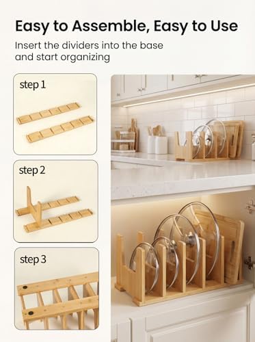 2 Pack Bamboo Pot Lid Organizer for Drawer & Cabinet, 6-Slot Lid Holder