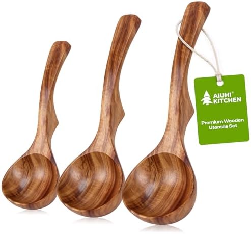 AIUHI Wooden Ladle Spoon Set, 3Size Teak Wood Ladle Spoon, Wooden Soup Spoon for Cooking, Non-Stick, Comfortable Grip for Cooking and Serving