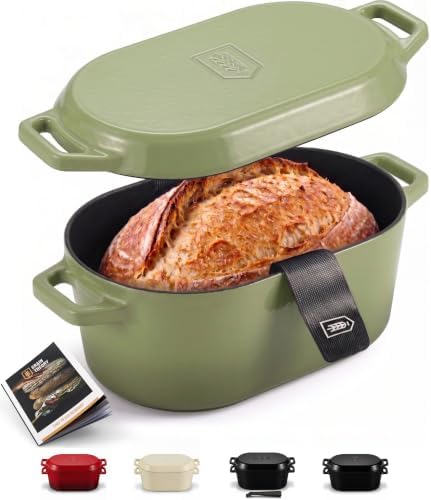 KooK Oval Dutch Oven, for Bread Baking, Sourdough Loaf Pan, Dual Handles, Enameled Cast Iron, with Sling, Dishwasher Safe, 3.4 Qt, Sage Ombre