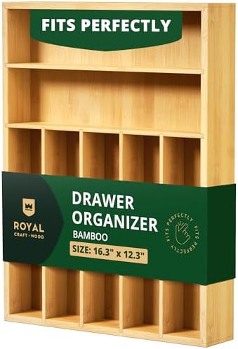ROYAL CRAFT WOOD Luxury Bamboo Utensil Rack and Silverware Organizer, Kitchen Drawer Organizer - Utensil Holder and Cutlery Tray with Grooved Drawer Dividers for Flatware 7 Slot, Natural