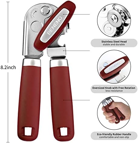 Beneno Heavy Duty Hand Can Opener Manual with Magnet Lid Remover, Red