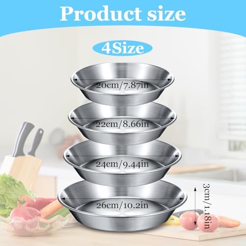 4 Pcs Stainless Steel Pie Pan Set 7.87",8.66",9.45",10.24" Pizza Pan Deep Pie Dish Pie Plate Baking Tray Dishes for Pizza Baking Serving Oven Grill, 4 Sizes