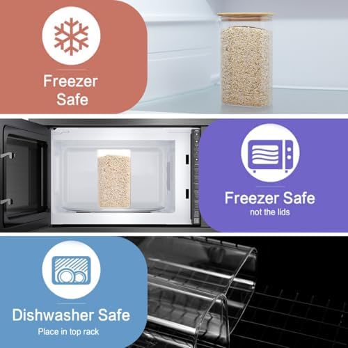 3 Pack Square Glass Pantry Storage Containers with 132 Kitchen Food Pantry Labels - 51 floz Clear Glass Pantry Jars with Airtight Wood Bamboo Lids - Glass Canisters for Candy, Cereal, Coffee, Spice