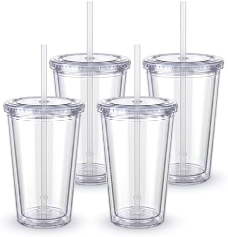 Zukro Clear Double Wall Plastic Tumbler with Lid and Straw 16 oz, 4 Pack