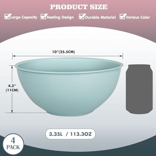 Greentainer 4-Piece Plastic Mixing Bowl Set, 113oz Lightweight Serving Bowls, Large Salad Bowls for Baking,Prepping, Cooking and Serving Food, Dishwasher & Microwave Safe