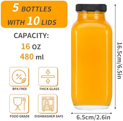 CUCUMI 5pcs 16oz Glass Juice Bottles with Lids