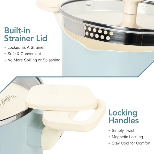 MICHELANGELO 6 Qt Ceramic Nonstick Pasta Pot with Strainer Lid, Soft Aqua