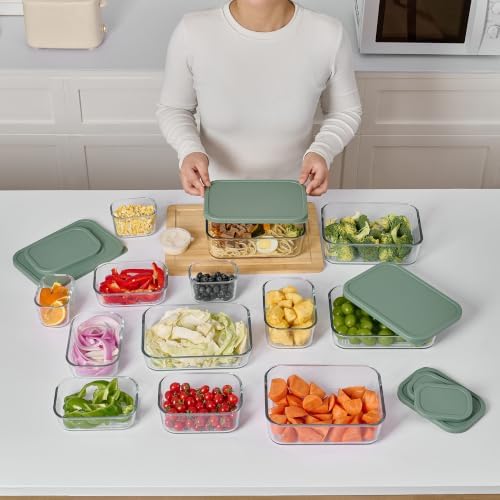 DURA LIVING Glass Food Storage Containers with Lids — 12 Piece — 24.4 oz Glass with BPA-Free Leak Resistant Stackable Lids — Microwave, Oven & Dishwasher Safe — Ideal for Meal Prep & More - Soft Sage
