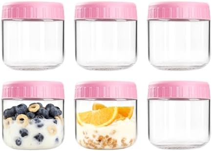 Overnight Oats Containers with Lids, 10oz Wide Mouth Mason Jars with Lids, 6 Pack Glass Jars with Airtight lid for Chia Pudding Yogurt Salad, Meal Prer Oatmeal Jars, Pink