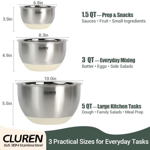 304 Stainless Steel Mixing Bowls Set, 3-Piece (1.5, 3 & 5 QT)
